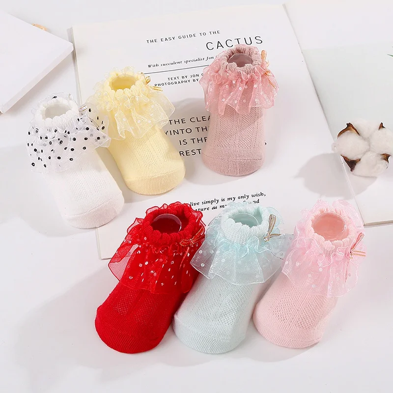 Spring Autumn Baby Socks Soft Cotton Newborn Floor Shoes Todder Crib Shoes Lace Mesh Bow Infant Baby Princess Girls Socks