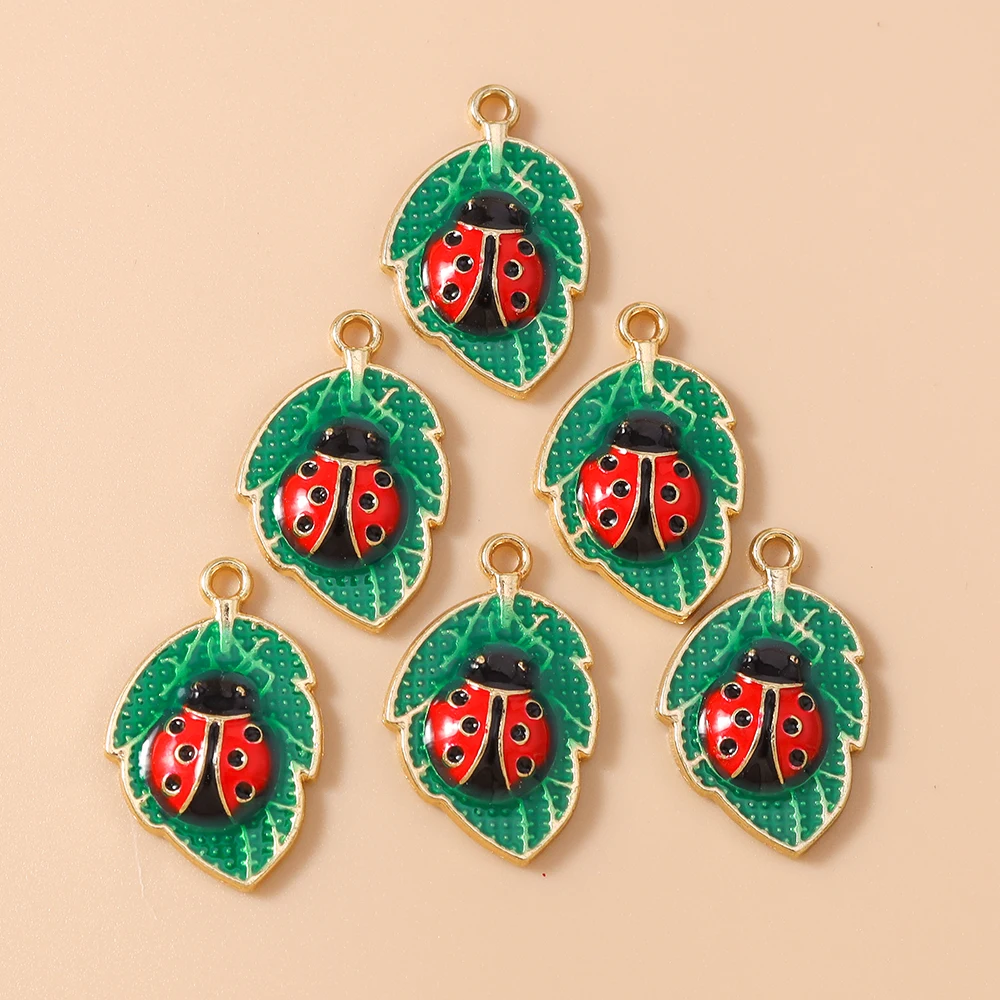 Leslie 10pcs 15x23mm Metal Enamel Ladybug Leaf Charms Pendants for Cute Earrings Necklace Keychain Jewelry Making Accessories