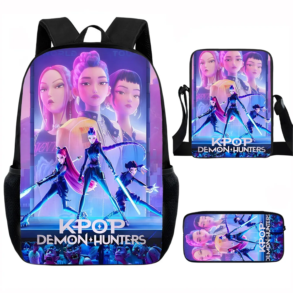 Classico popolare KPop Demon Hunters Stampa 3D 3 pezzi / set Borse da scuola per alunni Zaino per laptop Zaino Borsa a tracolla inclinata Astuccio