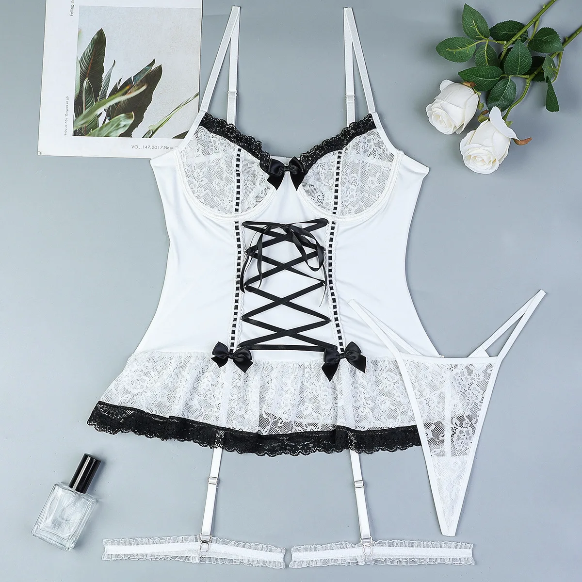 American Style New Sweet Girl Lace Cross Tie Bow Knot Black And White Cute Girl Binding Tight Fitting Fashion Women Rompers 3602