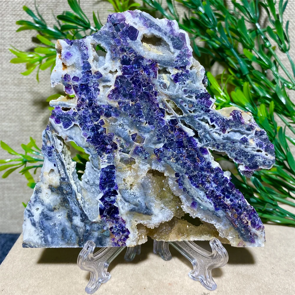 

Stone Slab Crystal Purple Sphalerite Natural Quartz Geode Minerals Slice Spiritual Wichcraft Wicca Home Decoration Room+Stand