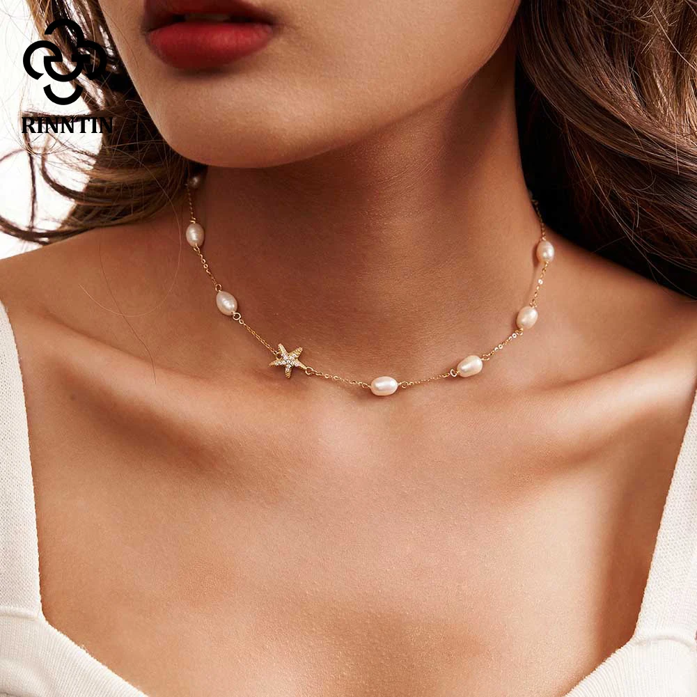 Rinntin Elegant 925 Sterling Silver Necklace Fashion 5A Clear CZ Pendant Handmade Pearl Chain for Women Vintage Jewellry BQN06