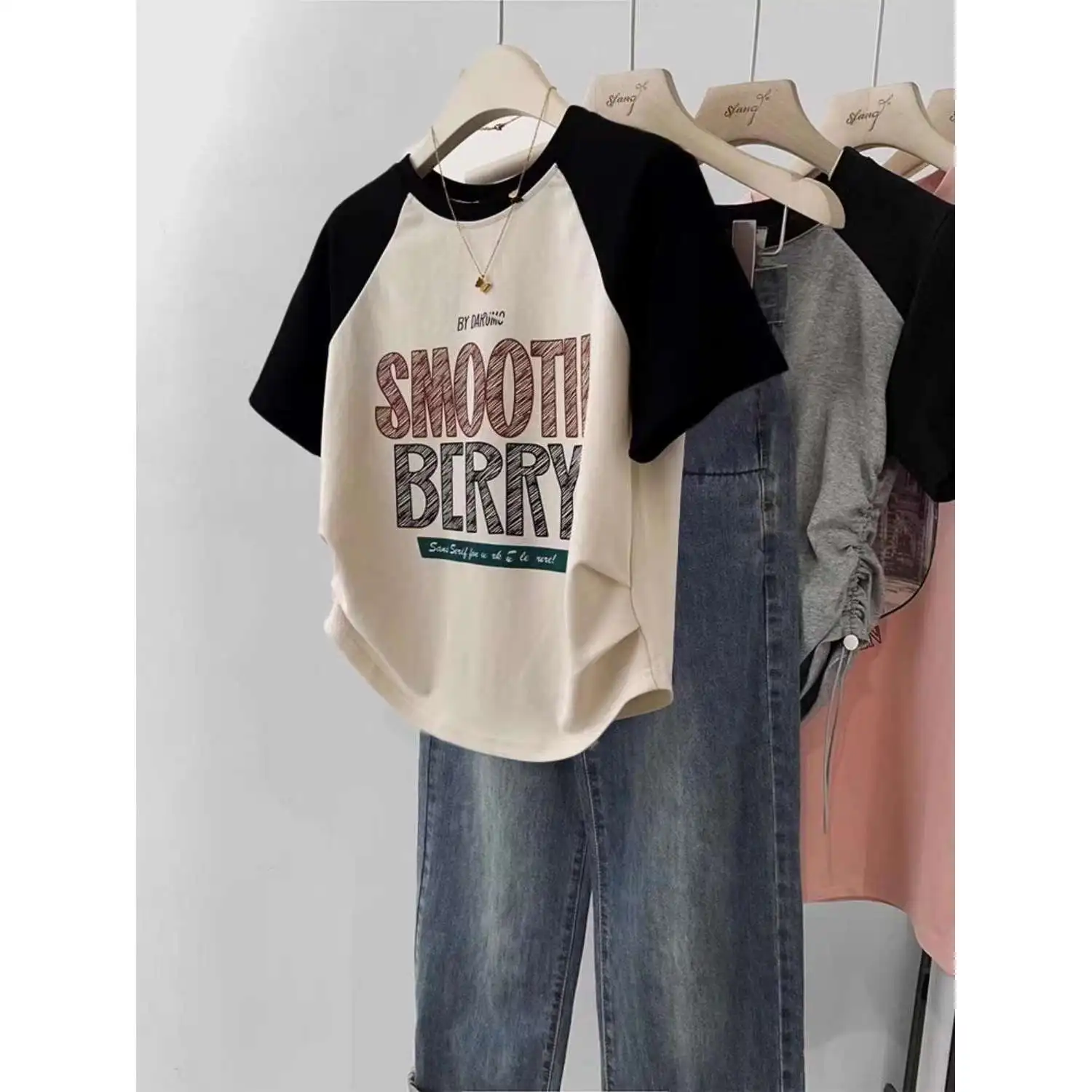 

Slim Fit ort Sve T-irt Chic Retro INS oulder Sve Color Blo Slimming Meat Covering Korean Sle College Student ...