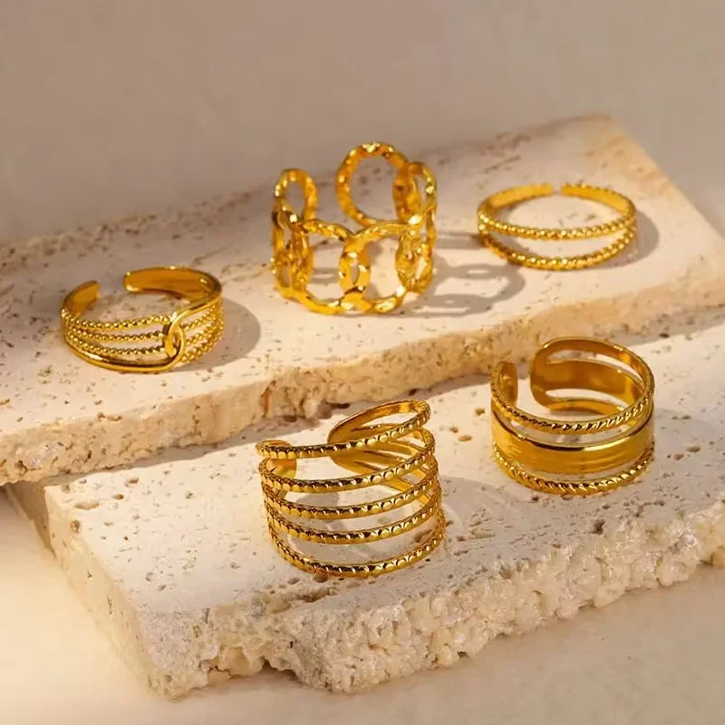 Anelli aperti a superficie larga cava multistrato anello con geometria a foglia Bague colore oro Anillos in acciaio inossidabile donna uomo gioielli