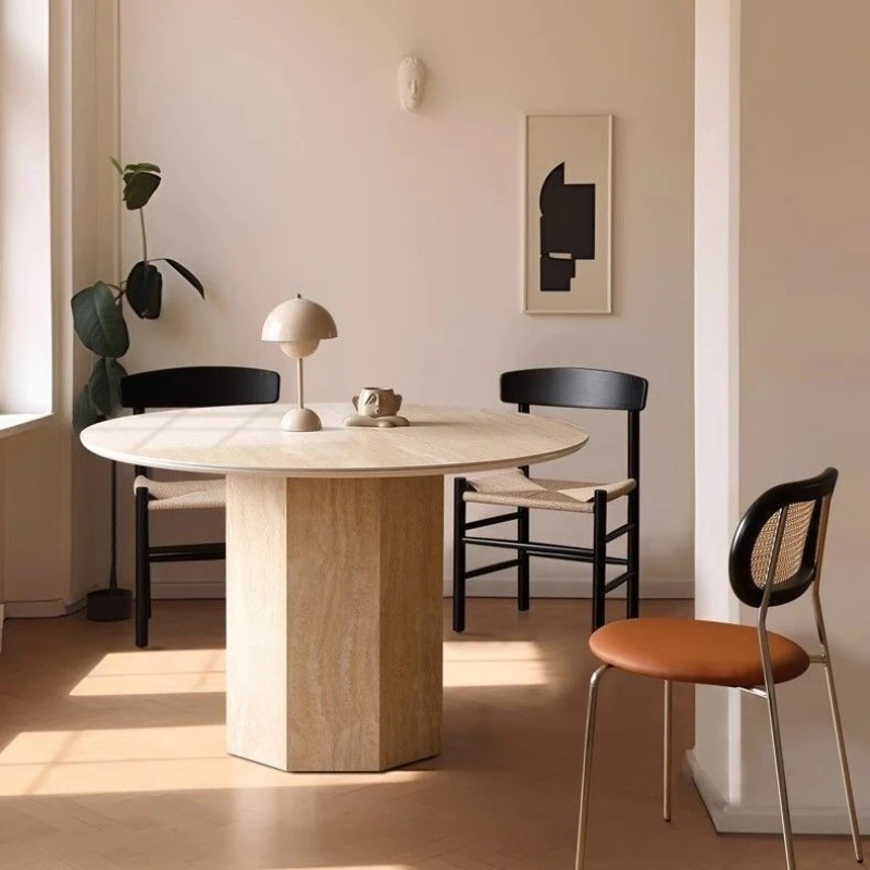 LTT solid wood marble round small apartment travertine rock slab dining table simple