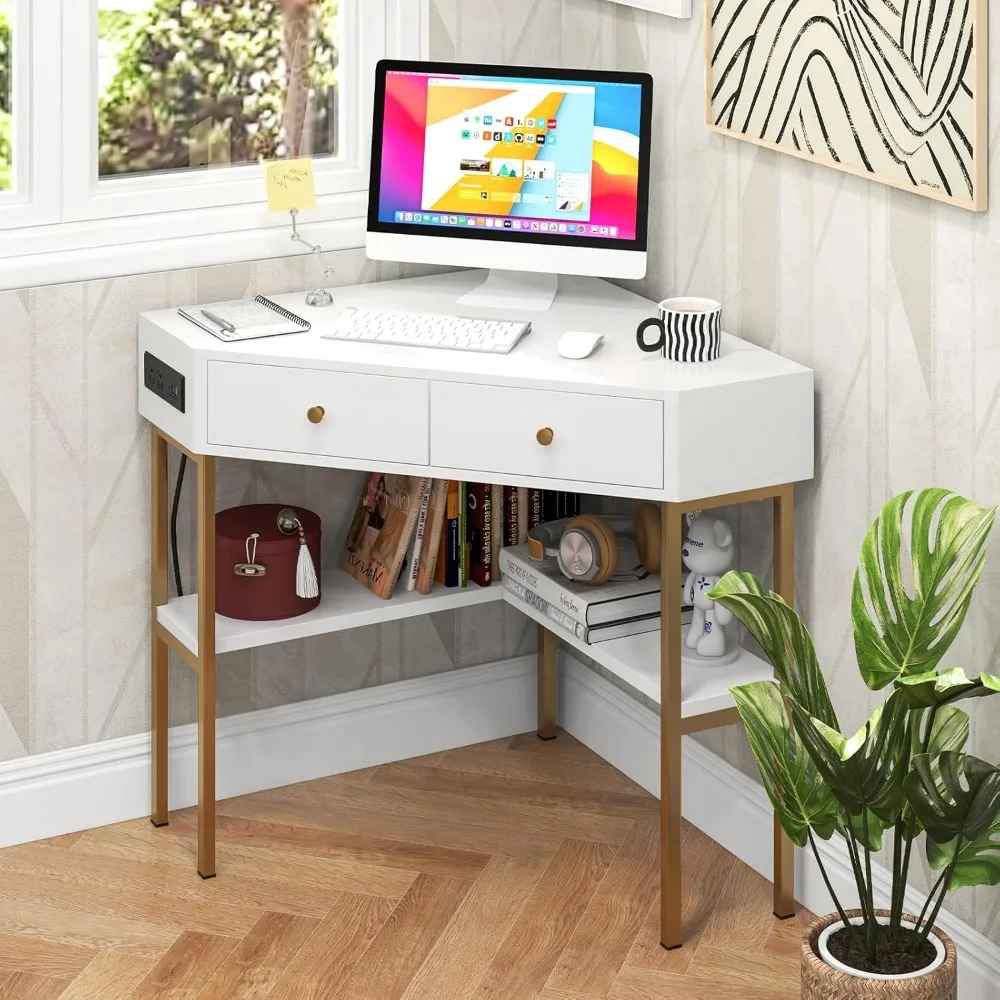 White corner desk with built-in charging station, computer desk, bedroom dresser, storage shelf, corner desk writing desk