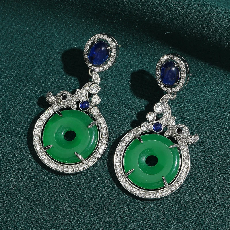 

Серьги-подвески из синего агата и зеленого нефрита для женщин, 2026, винтажные, серебристые, со стразами, дизайнерские украшения, новинка, модный шарм для пикника
