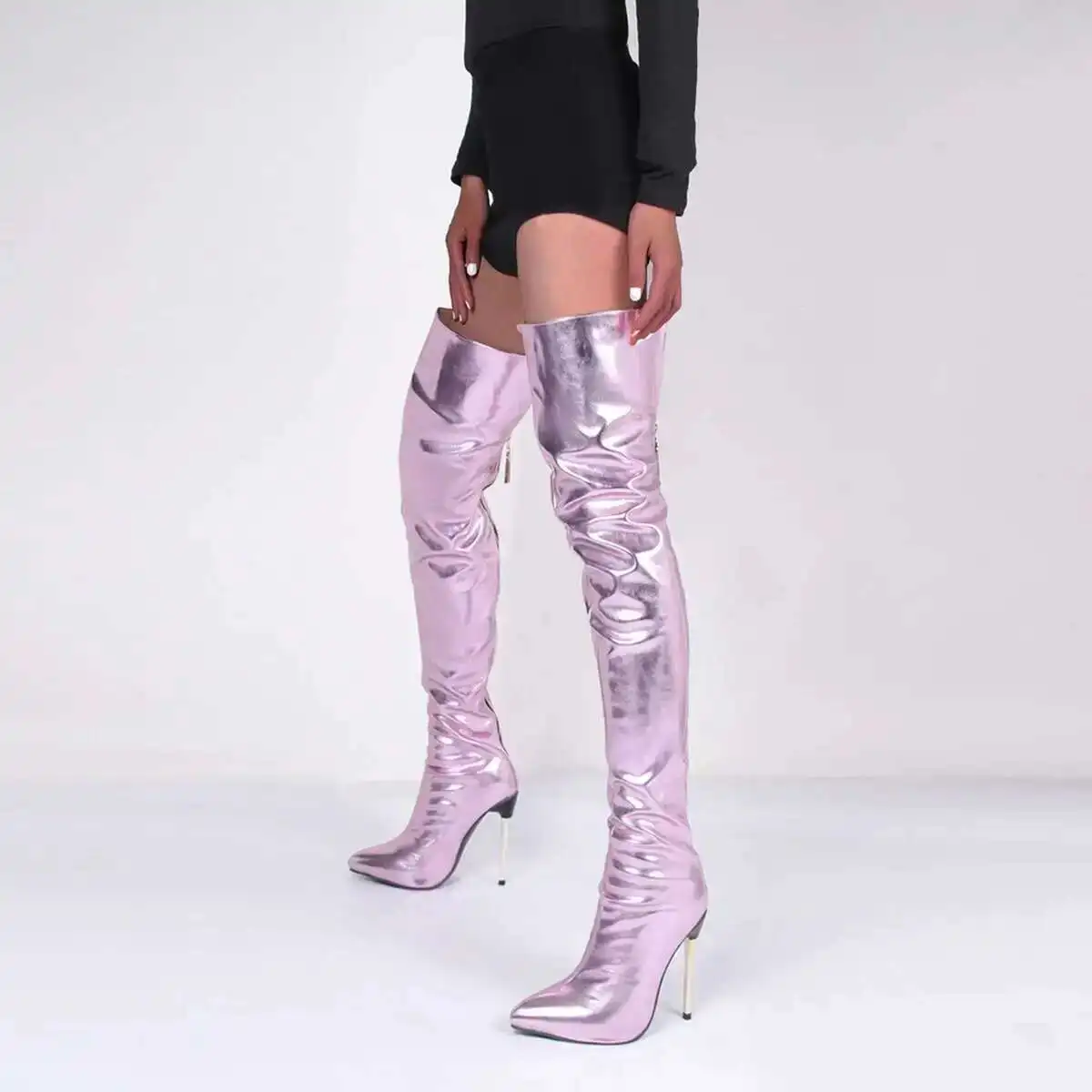 

Модные розовые сапоги до бедра, пикантная женская обувь на шпильке 11 см с острым носком, женские сапоги выше колена