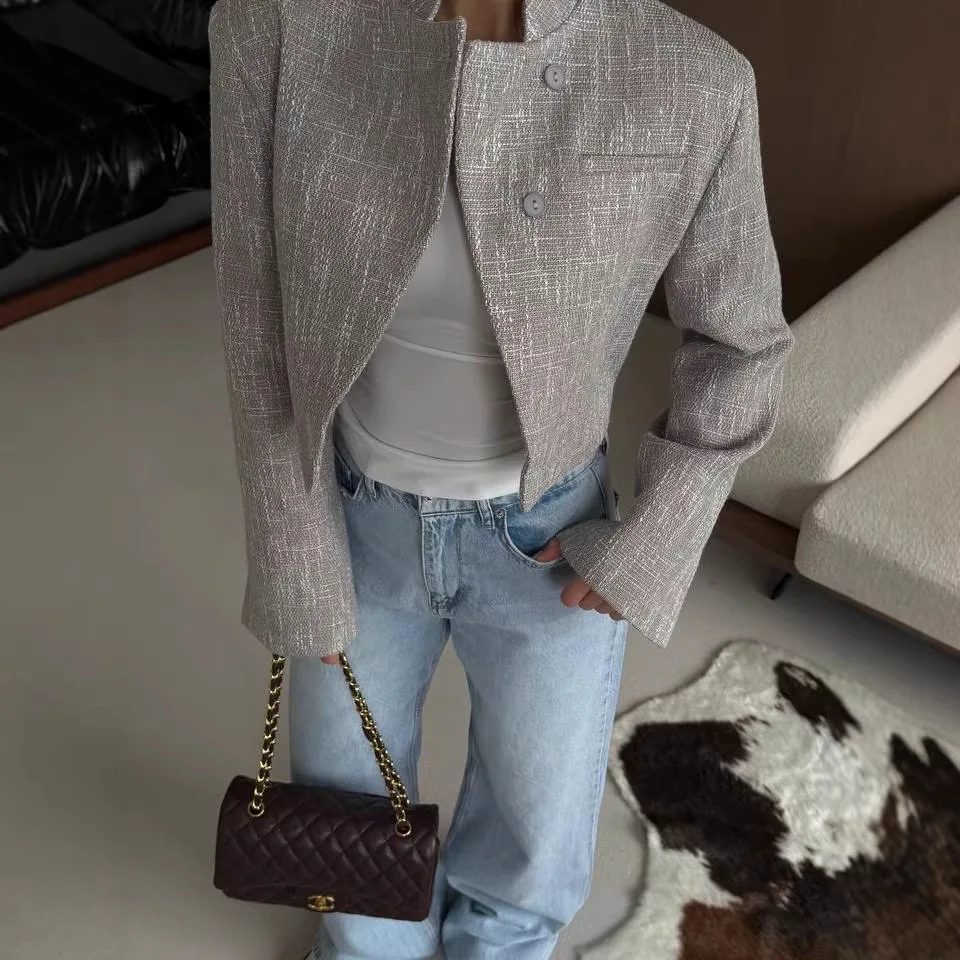 

2026 New Arrival Women's Short Outerwear Collarless Shoulder Pad Blazer Stylish Tweed Jacket For Daily Wear