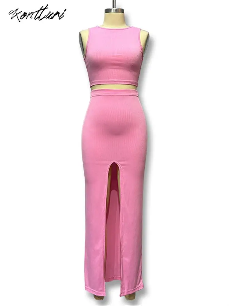 Kontturi Casual Ribbed Two 2 Piece Sets Women Outfit O Neck Sleeveless Crop Tops Pink Maxi Bodycon Split Skirt Matching Sets