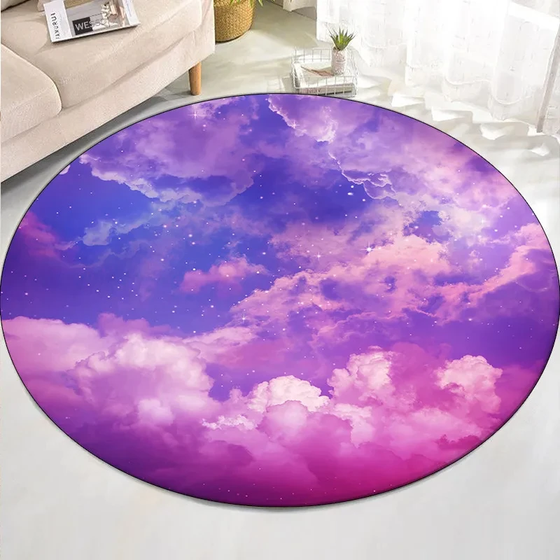 Pink Purple Sky Clouds Round Area Rug Starry Sky Circle Carpet for Living Room Kids Girls Bedroom Dorm Decor Non-slip Floor Mat