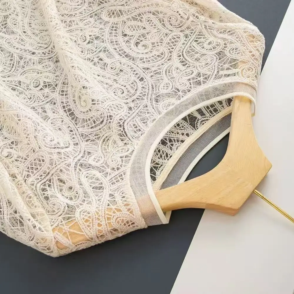 Sweter Wol Halus Musim Semi Musim Gugur Kasual Leher Bulat Pullover Renda Berongga Bawah Slim Fit Blus Jumper untuk Wanita