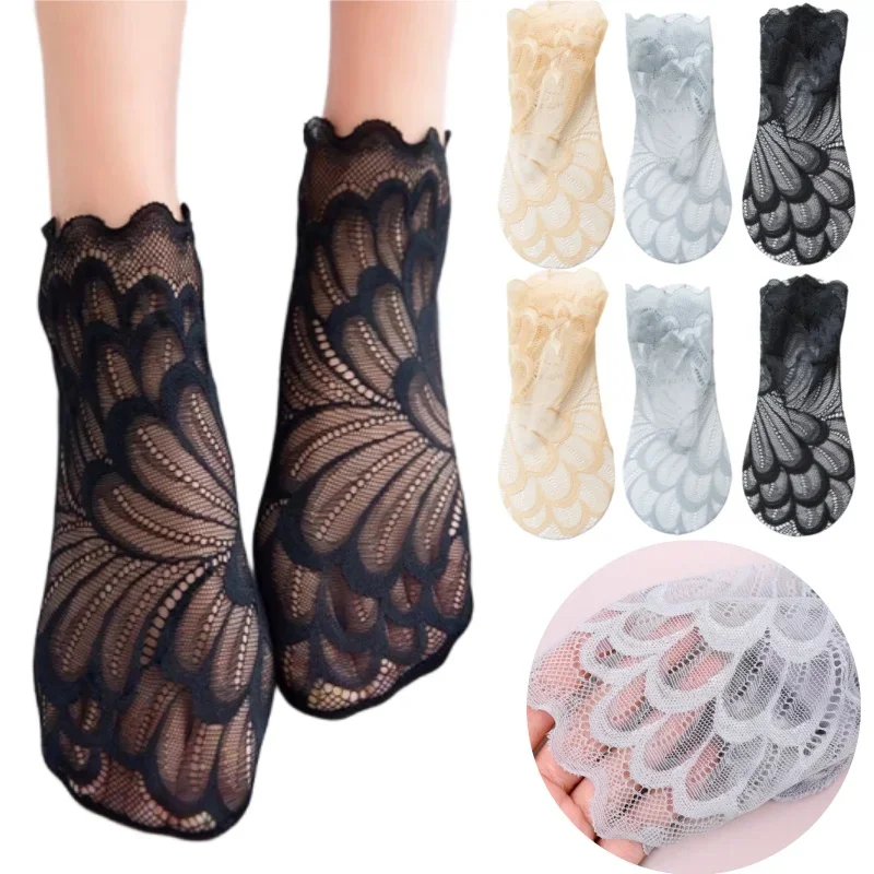 

Lace Trim Ankle Socks Women Breathable Cotton Low Cut Socks Non Slip Summer Invisible Sheer Mesh Solid Color Casual Socks