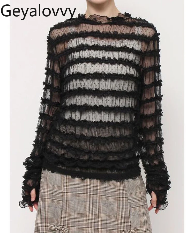 เสื้อยืดแขนยาวสไตล์ญี่ปุ่น ผ้าชีฟองยืดหยุ่นสูง แต่งระบายหวานๆ สำหรับผู้หญิง ใช้เป็นเสื้อตัวในได้หลากหลาย