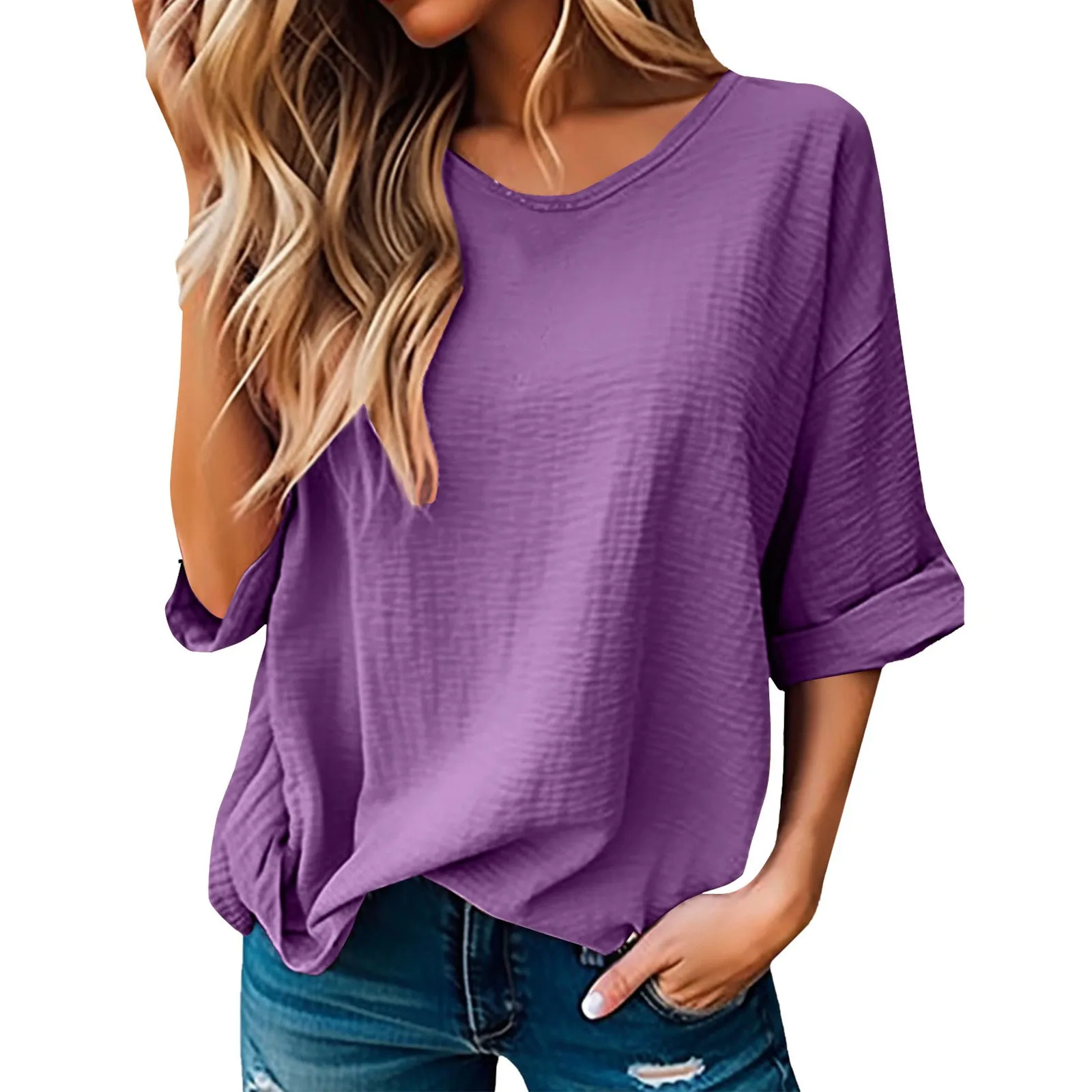 Short-sleeved T-shirts For Women Solid Color Summer New Ins Trend Loose Five-quarter Sleeve T-shirt Casual Female Tops