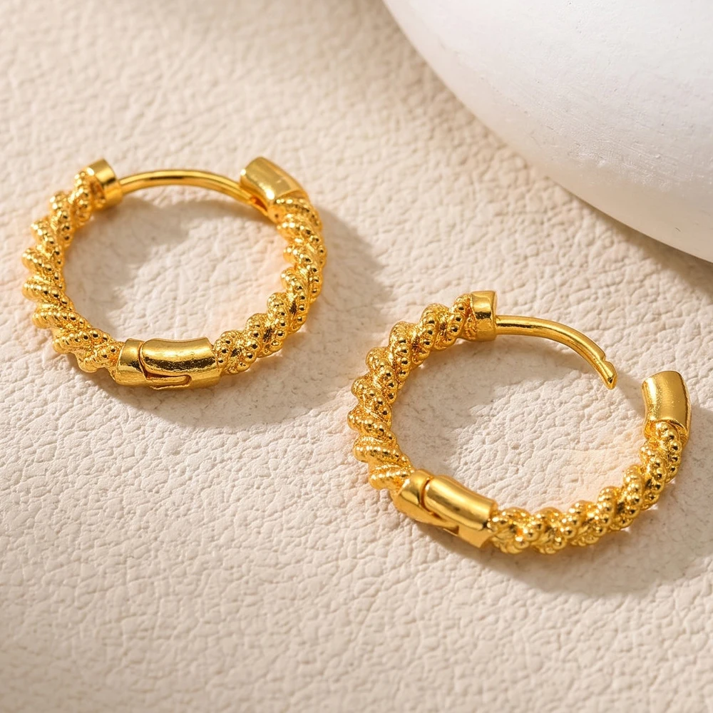 Twisted Rope Huggie Hoop Earrings, Chic Geometric Gold Plated Textured Circle Earrings for Women