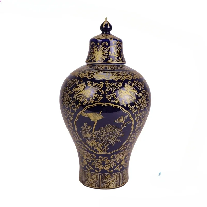 dark blue background gold drawing ceramic temple jars for home decoration