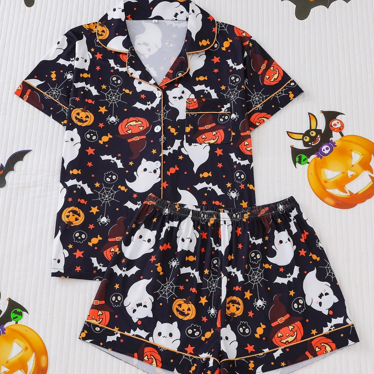 

Halloween Pumpkin Bat Print 2 Piece Pajama Women Loose Short Pajamas Set Short Sleeve ButtonTop Comfy Shorts Sleepwear For Women