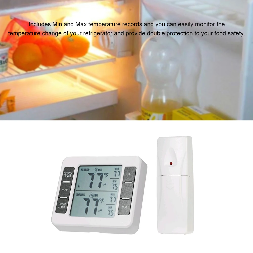 Wireless Digital Refrigerator Thermometer Audible Alarm Indoor Outdoor Thermometer with Sensor Freezer Thermometer