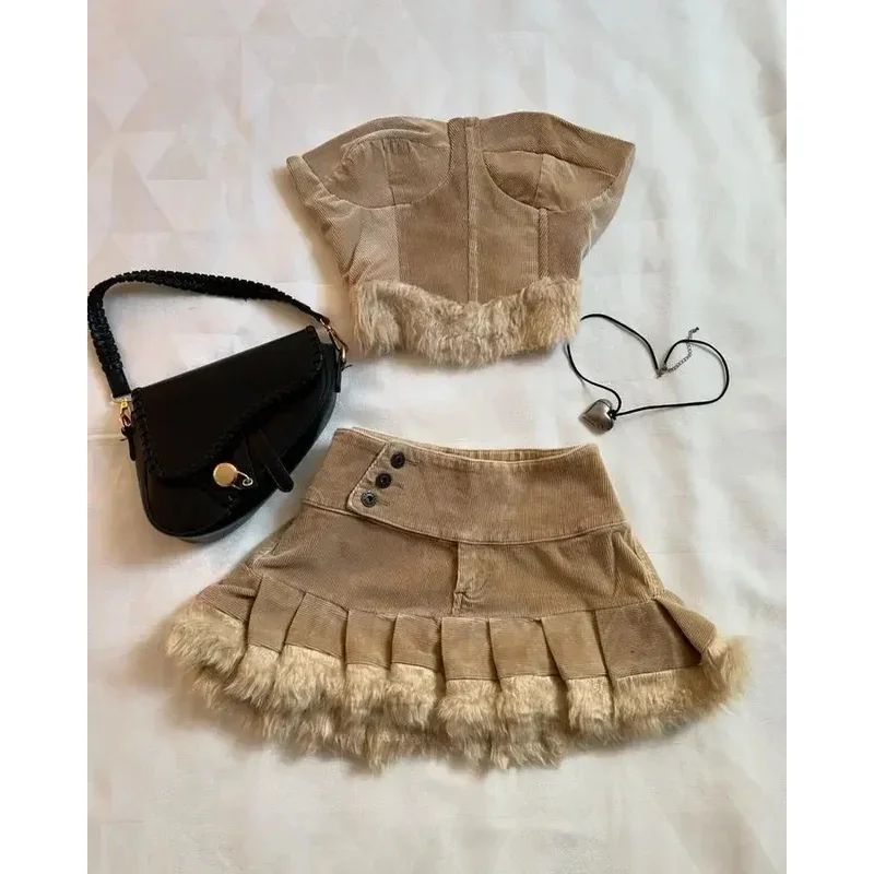 2025 Y2k بدلة تنورة جديدة Harajuku موضة قطعتين مجموعة المرأة القوس محبوك بأكمام طويلة البلوز Kawaii مثير Mini Sk eqs9X