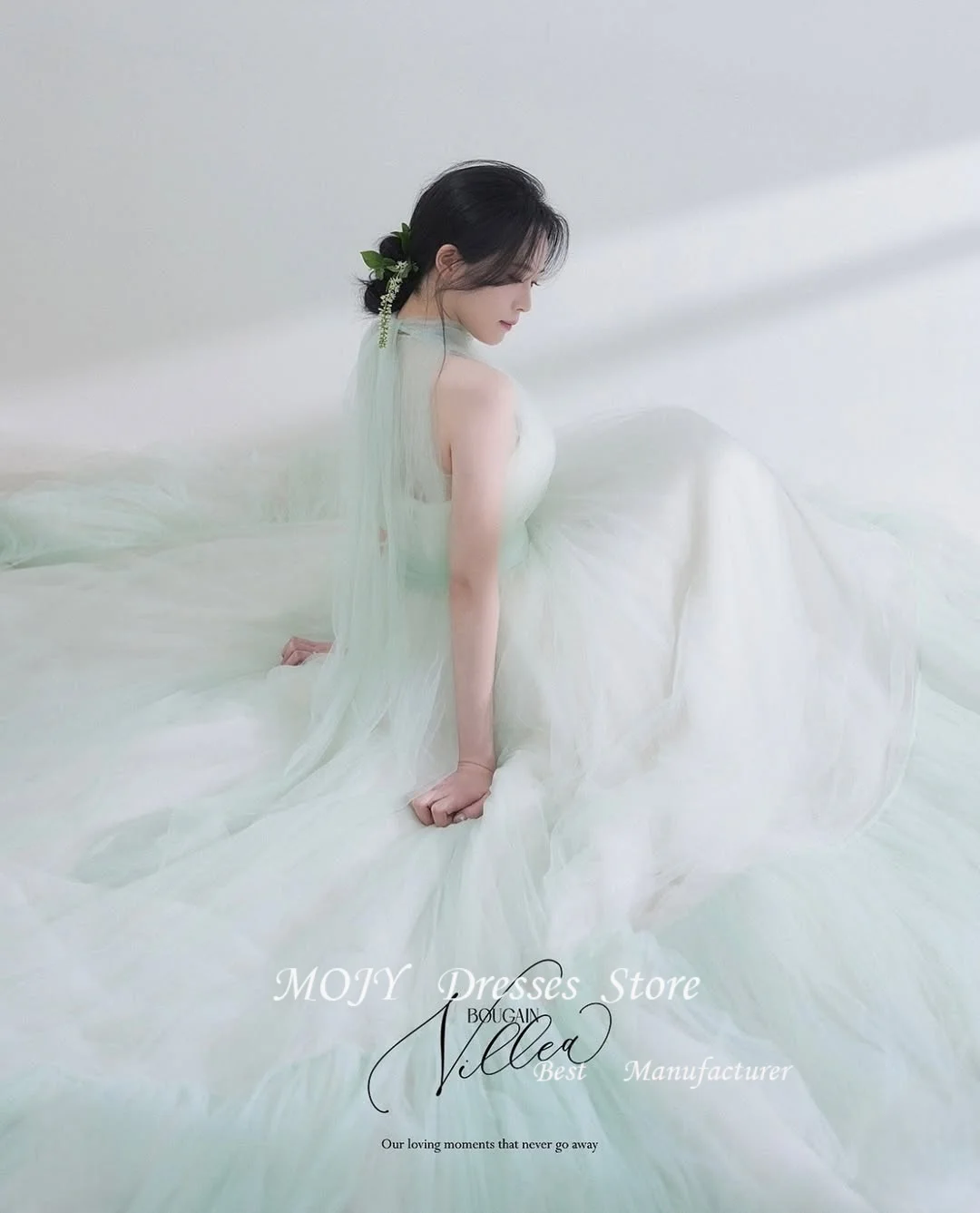 

Mojy Fairy Mint Green O-Neck Sleeveless A Line Evening Dresses Korea Wedding Party Photo shoot Floor-Length Formal Occasion