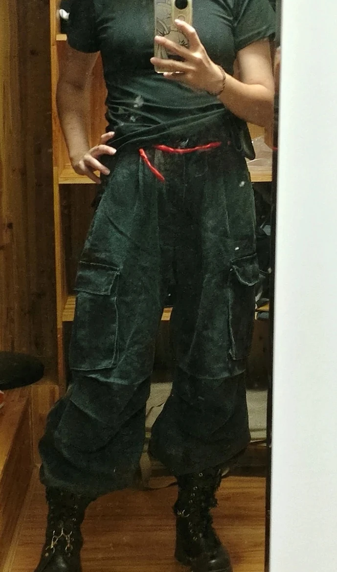 Spodnie cargo damskie khaki jesienne nylonowe rozszerzane bootcut streetwearowe luźne patchworkowe w stylu amerykańskim postarzane sprane edgy seksowne