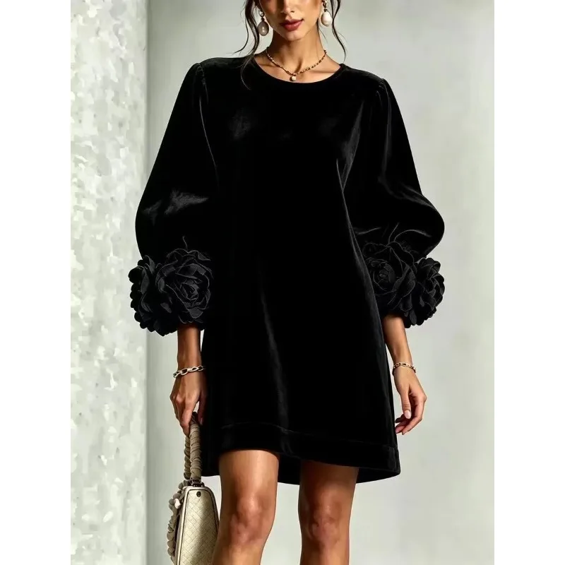 Women  Velvet  Dress Fall Winter Long Sleeve 3D Floral Cuffs Elegant Party Daily Dress