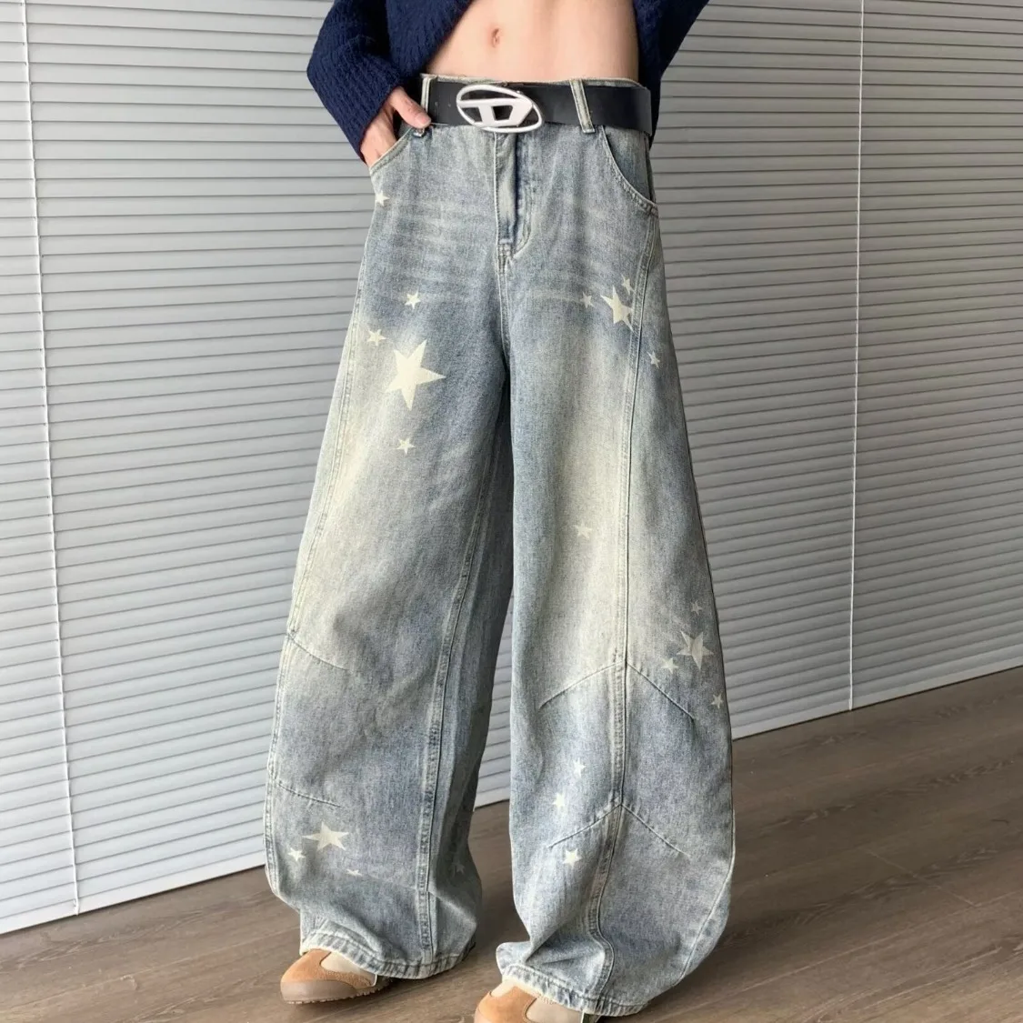 

Vintage Casual Y2K High Waisted Straight Leg Star Jeans Fashion Cute Printed Gradual Pants for Men And Women