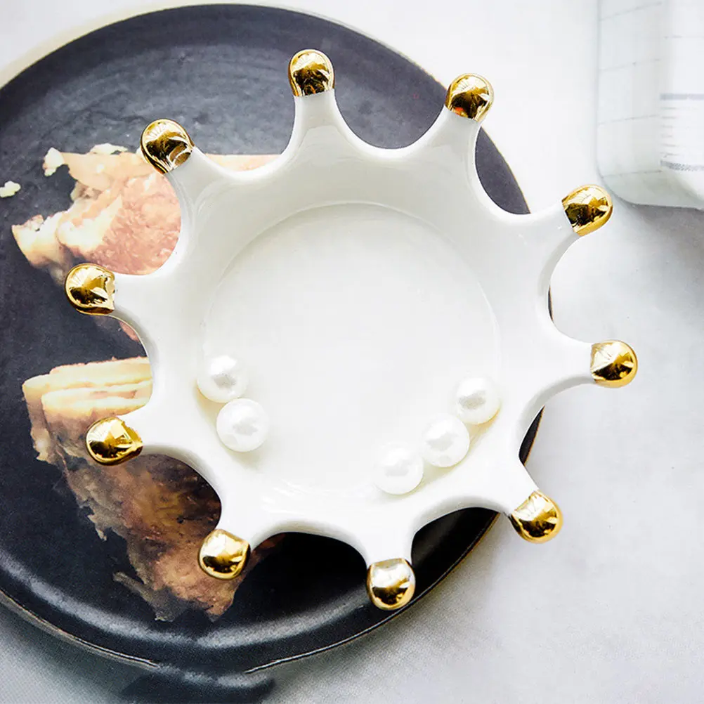 Ceramic Crown Jewelry Tray Decorative Holder Desktop Ornament Photography Prop Gift for Family Friends