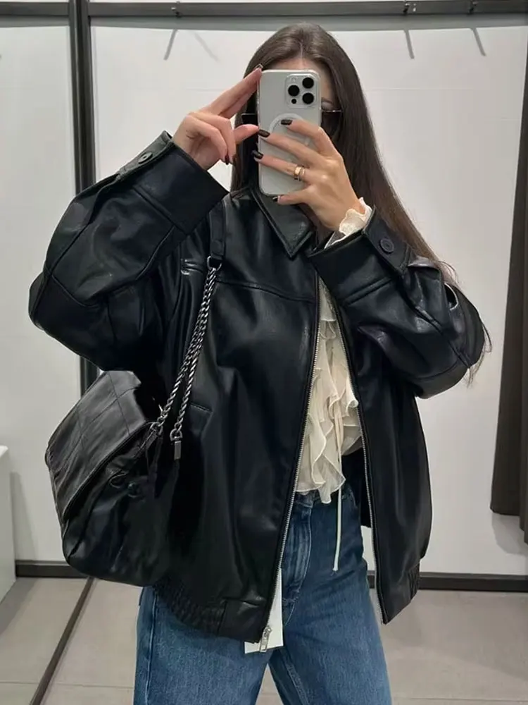 HH Vrouwelijke streetwear stijl jassen effen turn-down kraag lange mouwen zakken rits herfst jassen vrouw 2024 trendy 2 kleuren