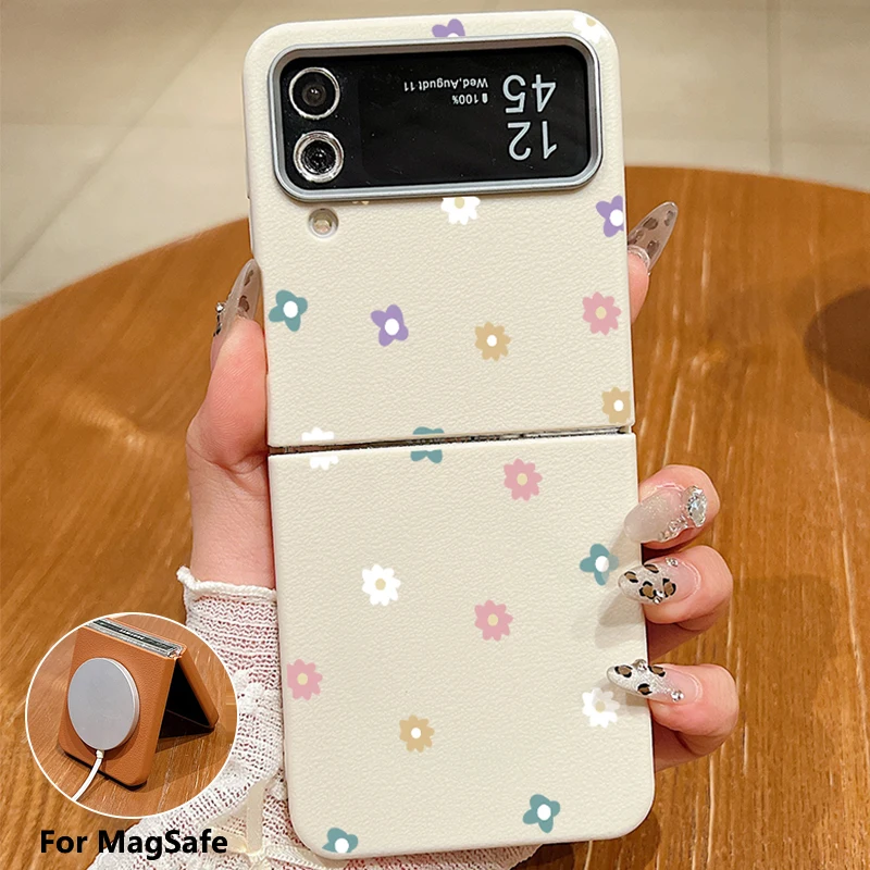 Cute Flowers Magnetic TPU Phone Case For Samsung Galaxy Z Flip 6 5 4 3 5G Luxury For Magsafe Leather Cover For Samsung Z Flip5