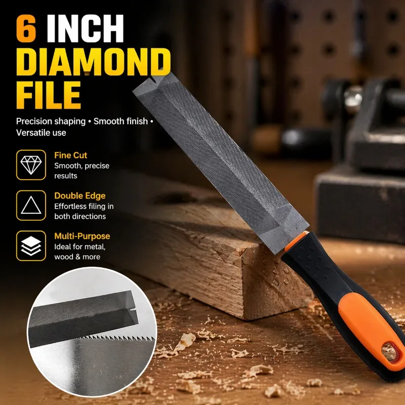 Lima de diamante de 6 pulgadas para metal fino, superficie dentada, doble grano, marco triangular, raspador de conformación surtido, aleación de alta dureza