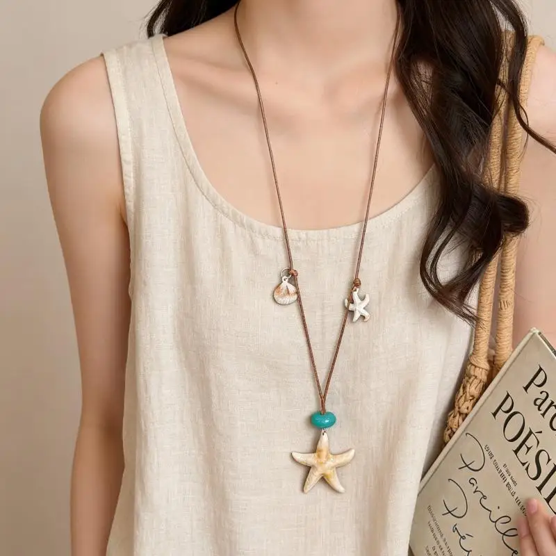 Starfish Shell Beaded Wax Rope Necklace Anti-Rust Bohemian Clavicle Chain for Women Summer Pool Party Wear