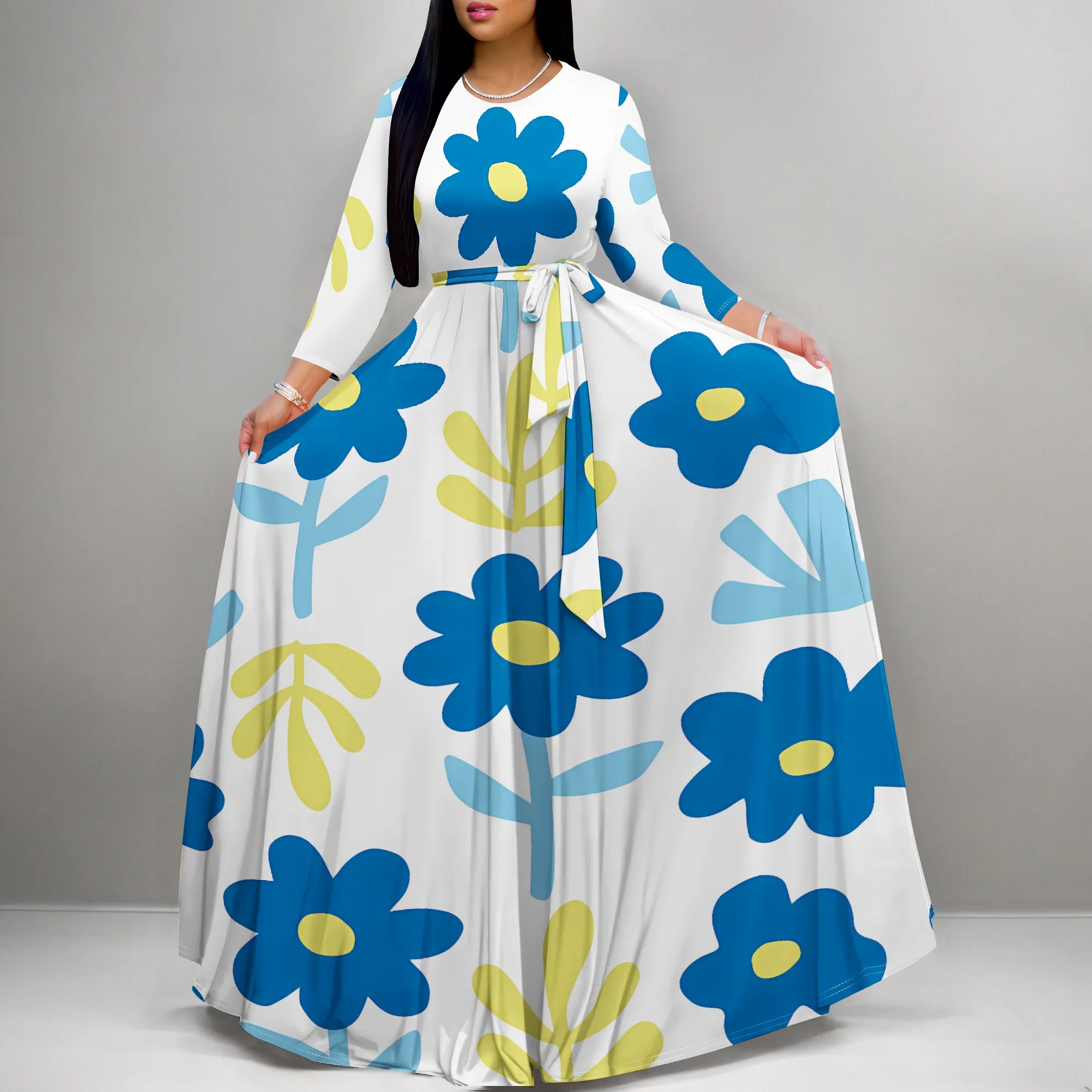 

Elegant Floral Print Long Sleeve Maxi Dress, Vintage Belted Dress for Women