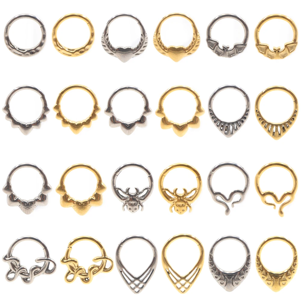 1 pièce Anneau de piercing en titane, motifs Cœur, Araignée, Chauve-souris, Goutte d'eau, Serpent, pour nez, Daith, Tragus, Cartilage, Hélix, boucle d'oreille, bijou de piercing