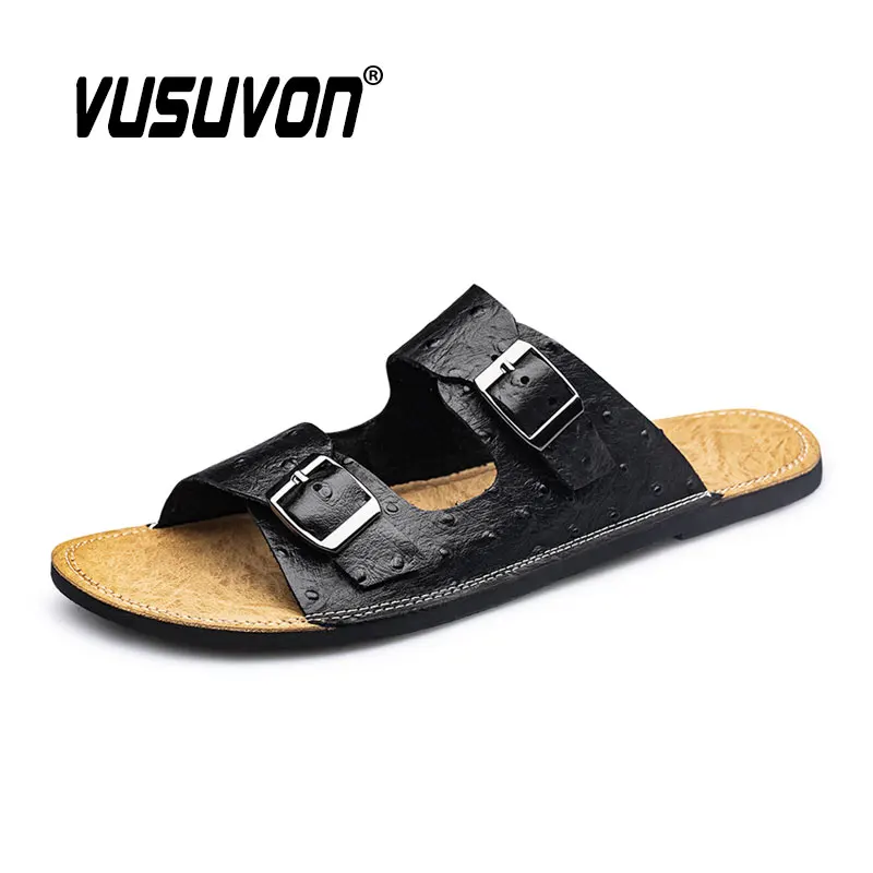 Hot Sale Genuine Leather Fashion Men Slippers Outside Black Shoes Casual Soft Flip Flops Brand Male Cool Beach Summer Slide Flat