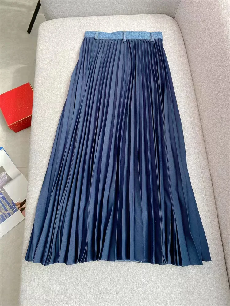 2024 Early Autumn New Fashion Denim Splice Skirt Women Chic Pleated Front Slit High Waist Mid-calf Jupe Female