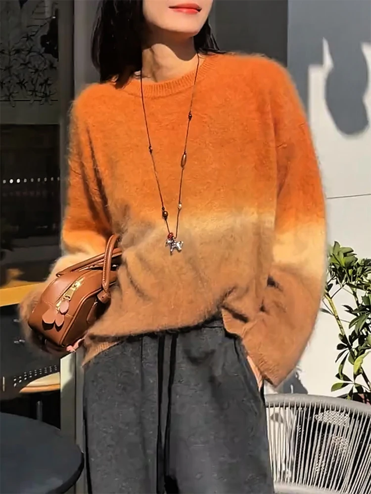 

Korean Sle Lazy adient Color round Ne Sweater Women's Large Size Versatile Agel Top Warmth Emitting Long Sve Ca...