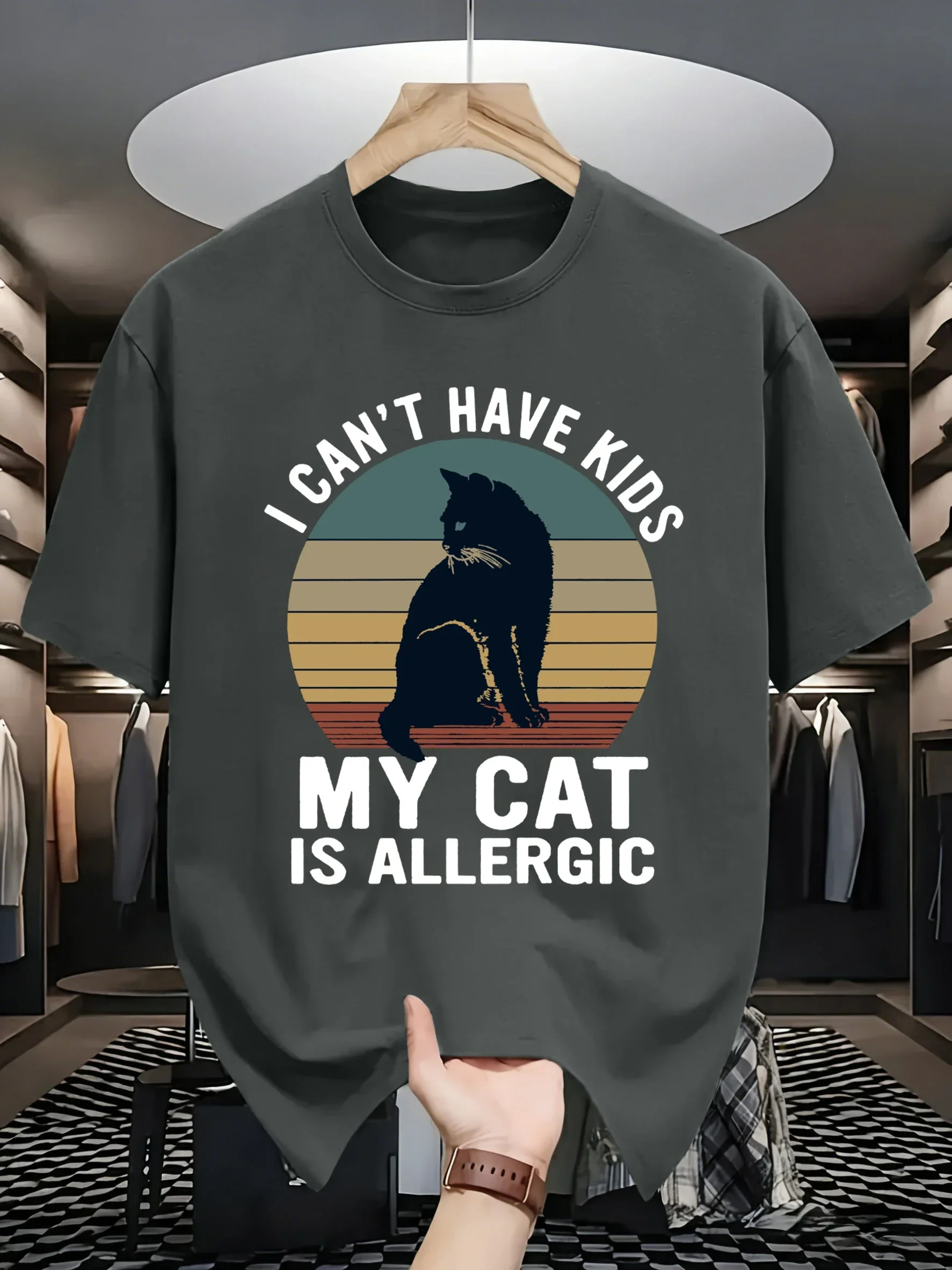 My Cat Is Allergic To Children Prints Men Daily T-Shirts Cotton All-Match Short Sleeve Comfy O-Neck Tops Loose Summer Clothes