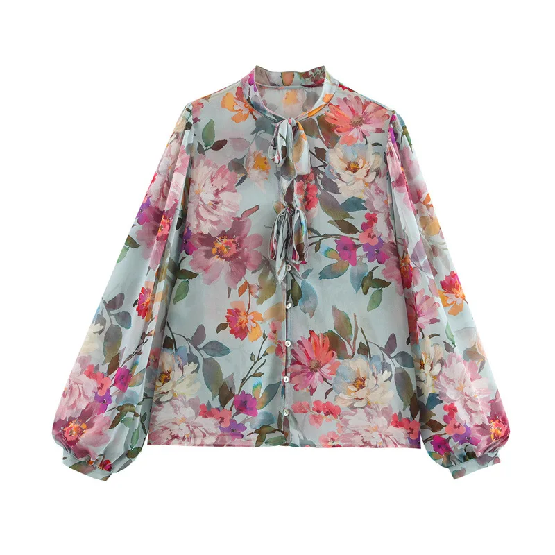 

Women's Versatile Bowknot Decorated Printed Blouse