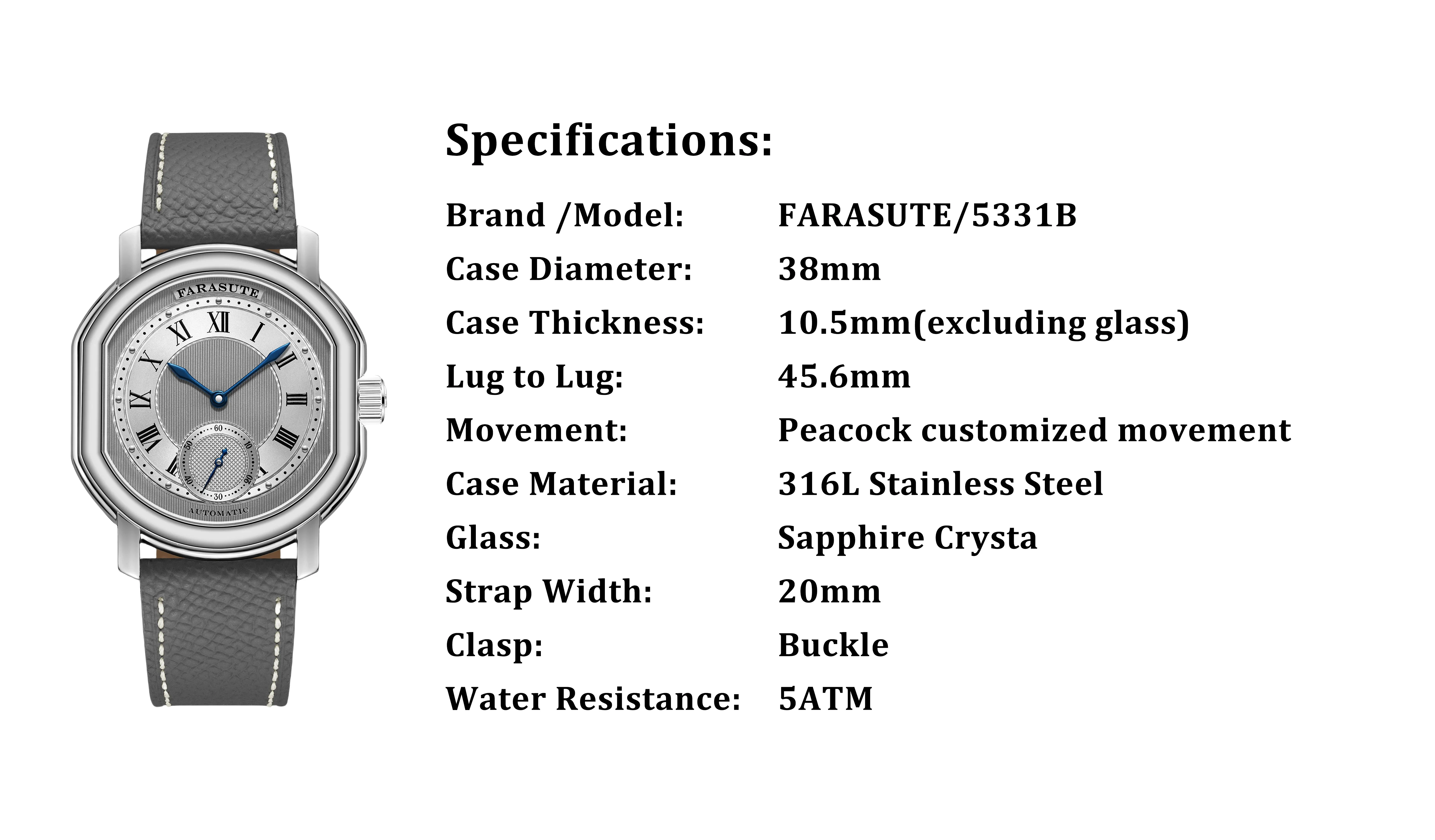 FARASUTE Men Automatic Watch 38mm*45.6mm Mechanical Wristwatch Sapphire 5ATM Peacock Movement Small Second Dial Roman Number