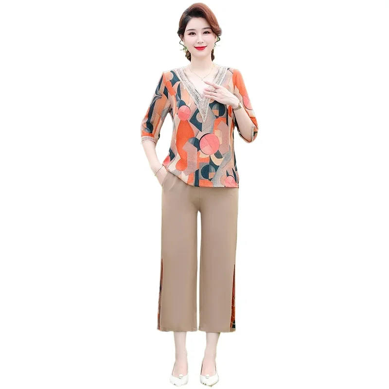 Women Suits Stylish Comfortable 2pcs/set Printing V Neck Suits for Middle-aged Casual with Minimalistic Charm Elderly Women Suit