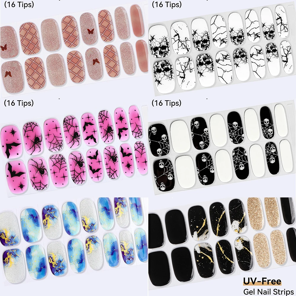 16Tips Glitter Plaid UV-Free Gel Nail Sticker Black Spider Full Cover Long Lasting Gel Polish Nail Strip DIY Manicure Decoration