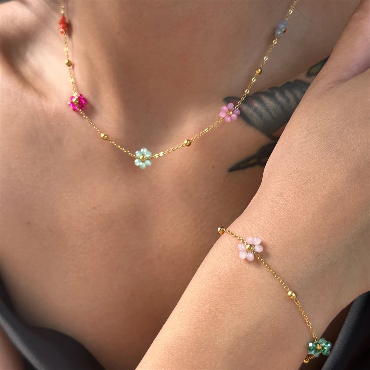 New Fashion Titanium Steel Colorful Pink Flower Necklace Waist Chain Foot Chain Set Titanium Steel Color Preservation