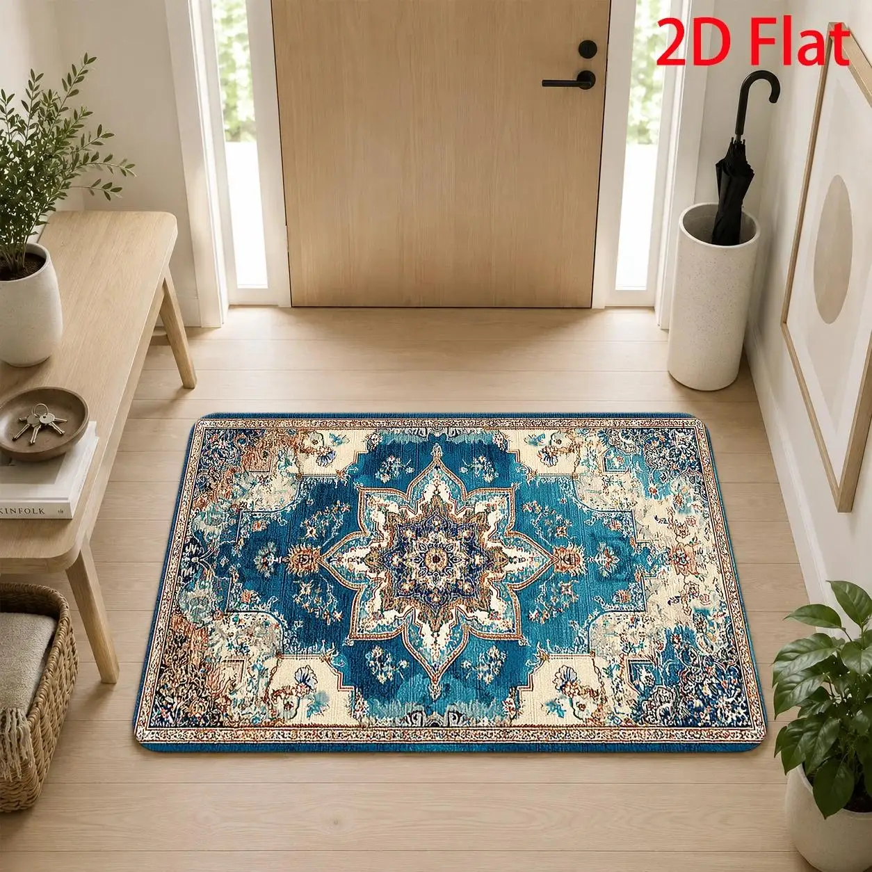 Blue Gold Persian Totem Classical Luxury Doormat For Porch Ornate Medallion Rug Floor Mat Traditional Elegance