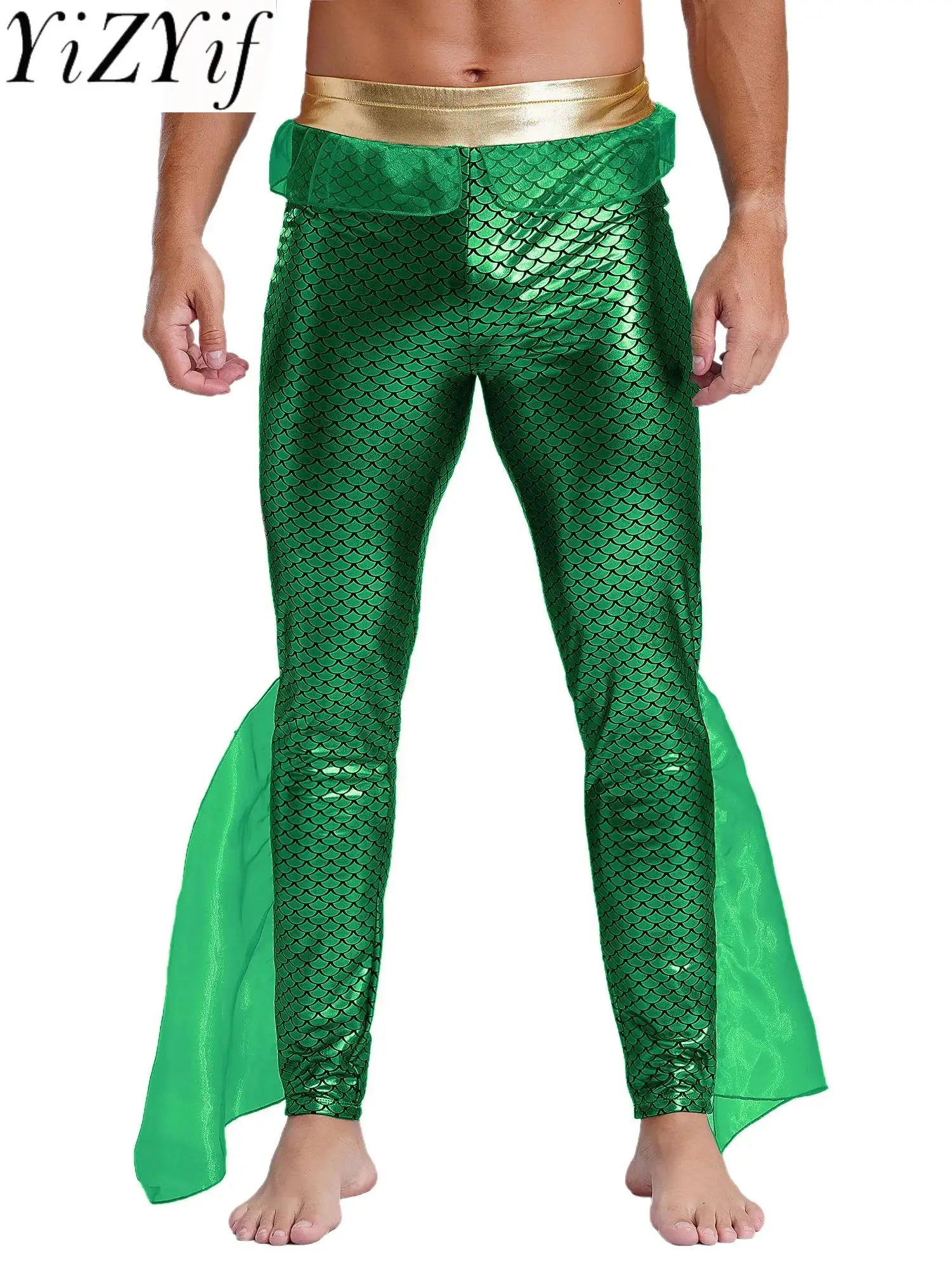 

Men King Of The Seas Halloween Mermaid Costume Sea God Fancy Dress Up Shiny Fish Scales Print Pants Leggings Trousers for Party