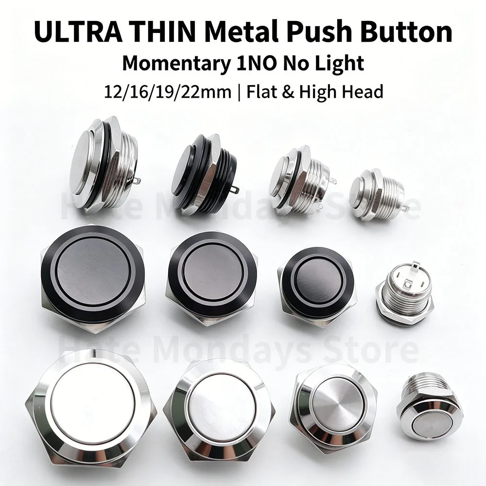 12mm 16mm 19mm 22mm Short Stroke Mini Waterproof Metal Push Button Switch Momentary Self-reset Without Led Silver/Black 1NO 2PIN