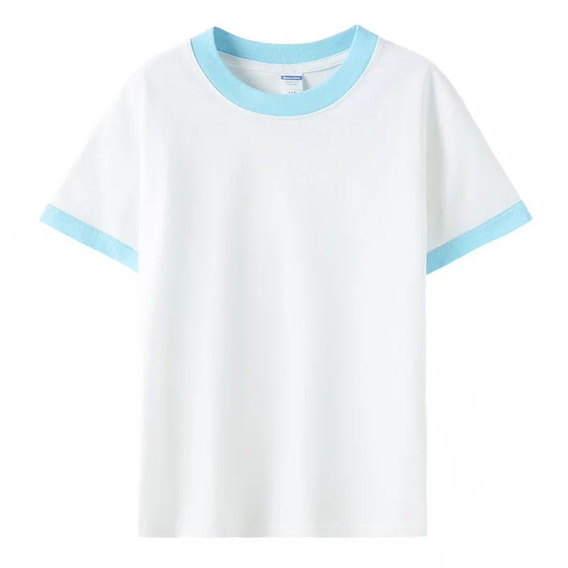 

2024 Summer New High quality pure cotton Contrast Round Neck T-shirt for Boys and Girl Loose Combed Cotton Short sleeved T-shirt