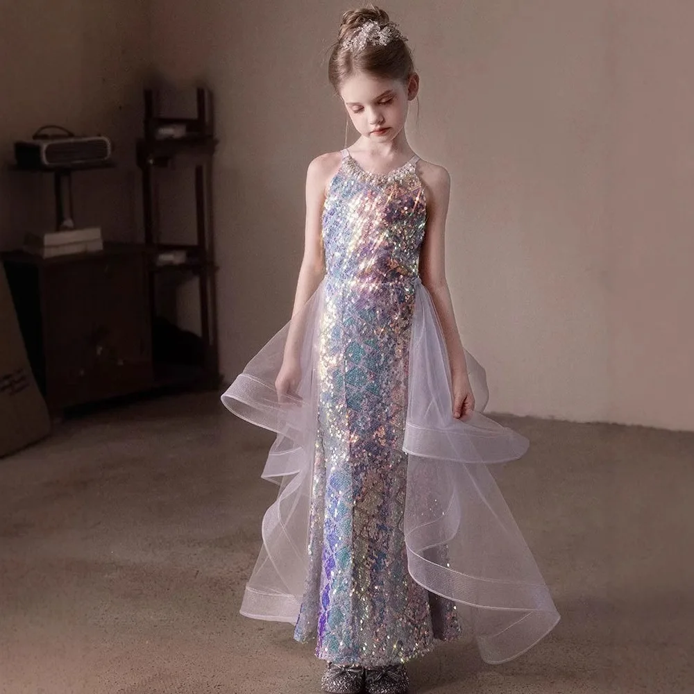 2026 New Girls Sequin Evening Gown, Luxury Waist Fitted Mermaid Dress for Birthday Host Model Catwalk Show Occasion