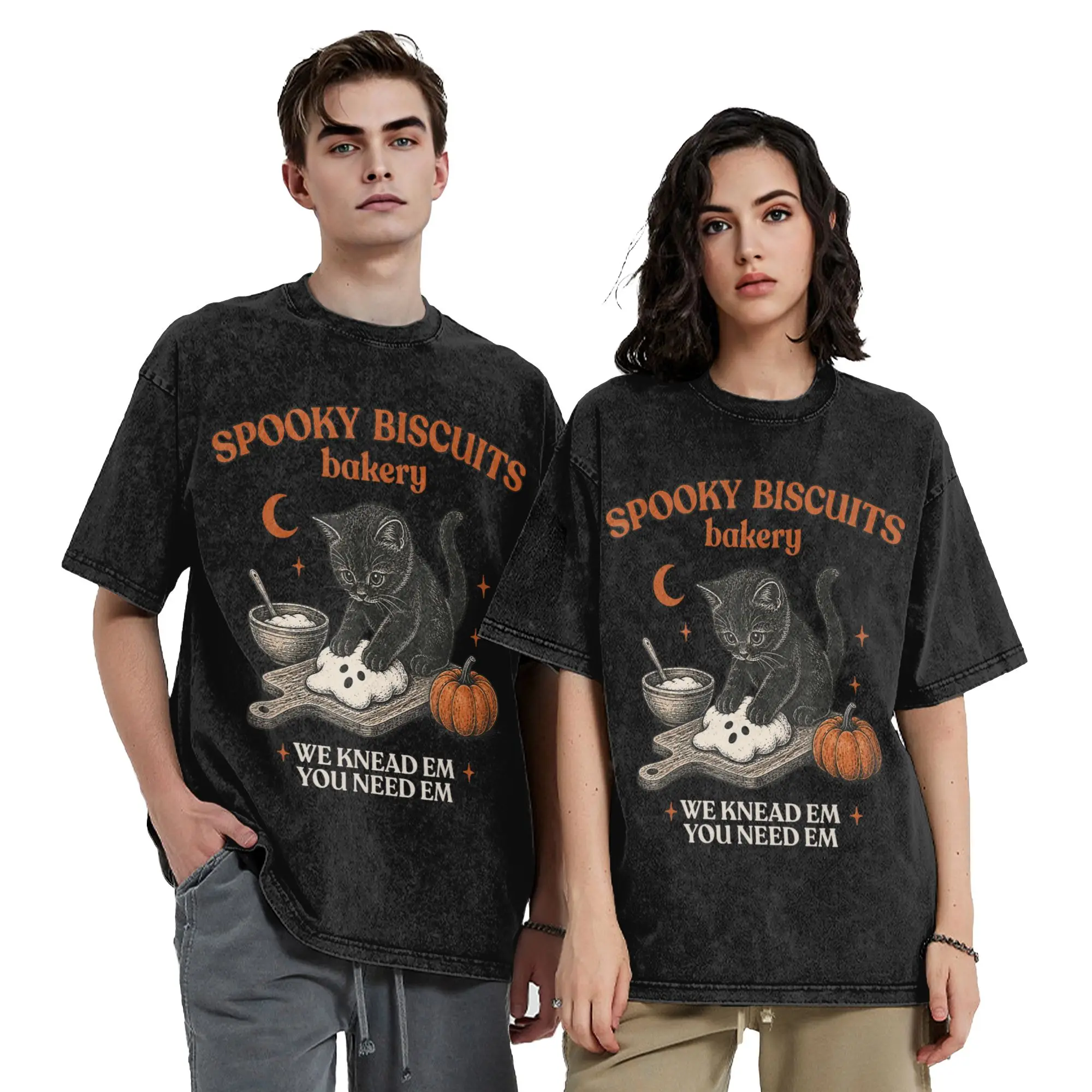 Retro Spooky Washed T Shirts Streetwear Vintage T-Shirt Cat Lover Halloween Tees Tops for Men Women 100% Cotton Oversize Graphic